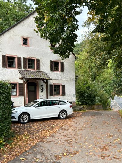 A charming house surrounded by trees. In front of the house stands a white car.