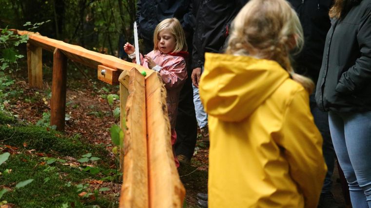 Ein Kind lässt eine grüne Kugel auf der Holzkugelbahn laufen. Im Hintergrund steht die Familie und schaut zu.