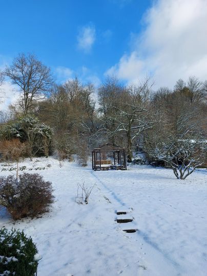 Ein verschneiter Garten mit Sträuchern und Bäumen. Im Hintergrund steht eine Sitzbank unter einem offenen Pavillon.