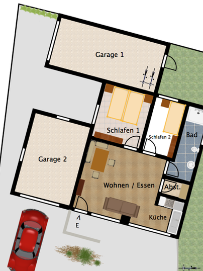 Eine Grundrisszeichnung eines Hauses mit zwei Garagen, zwei Schlafzimmern, einem Bad, einem Wohn- und Essbereich sowie einer Küche. Das Layout zeigt die Räumlichkeiten und deren Anordnung.