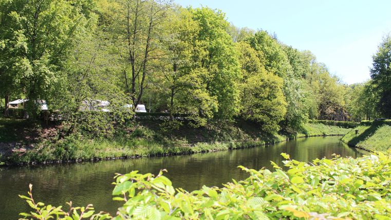 Ein ruhiger Fluss, umgeben von üppigem, grünem Laub und Bäumen. Die Sonne scheint an einem klaren Tag.