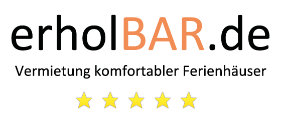 A website for the rental of comfortable holiday homes. It displays the name "erholBAR.de" and is rated with four golden stars.