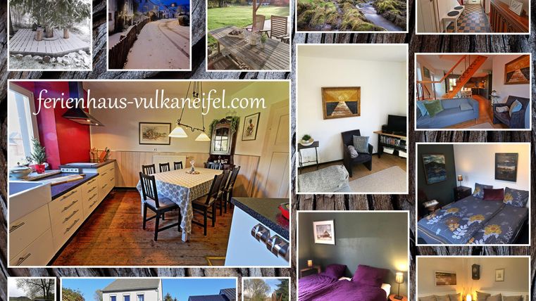 Ein einladendes Ferienhaus in der Vulkaneifel mit verschiedenen Innen- und Außenansichten. Die Bilder zeigen gemütliche Zimmer, eine moderne Küche und die schöne Umgebung.