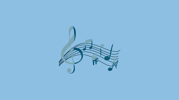 Een muziekthema met noten en een violinsleutel op een blauwe achtergrond. De kleuren zijn in verschillende tinten blauw gehouden.