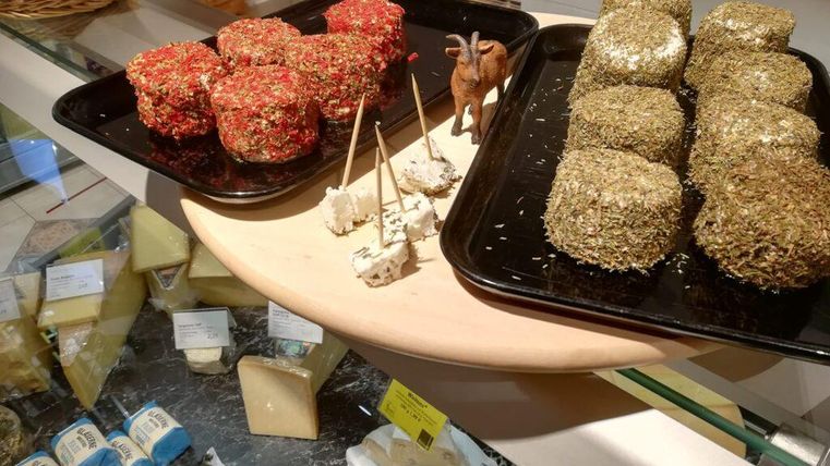 A selection of cheese in various types, one part with herbs and another with spices. On a wooden board, there are some cheese cubes and a small figure.