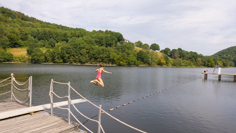 Ein Junge springt fröhlich von einem Steg in einen ruhigen See. Im Hintergrund sind grüne Bäume und eine sanfte Landschaft zu sehen.