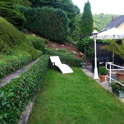 Ein schöner Garten mit einem grünen Rasen und gepflegten Hecken. Eine Liege steht bereit zum Entspannen.