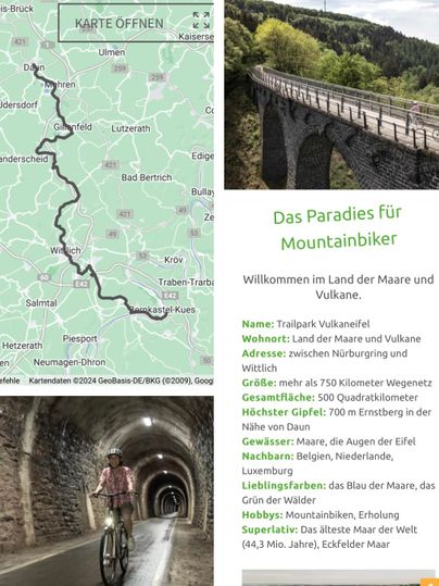 A map shows a cycling tour in the land of maars and volcanoes, surrounded by mountains and forests. The description highlights the opportunities for mountain bikers.