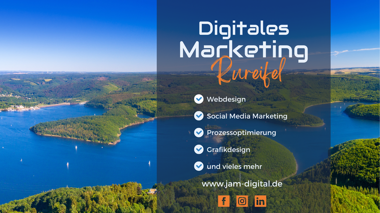 Een prachtige landschap met een blauwe meer en groene heuvels. De tekst informeert over digitale marketing en diensten.