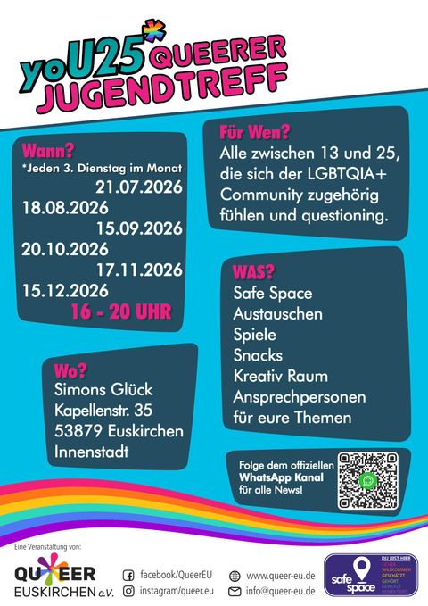 Ein buntes Plakat für ein queeres Jugendtreffen. Es enthält Informationen zu Terminen, Ort und Aktivitäten für Jugendliche zwischen 13 und 25 Jahren.
