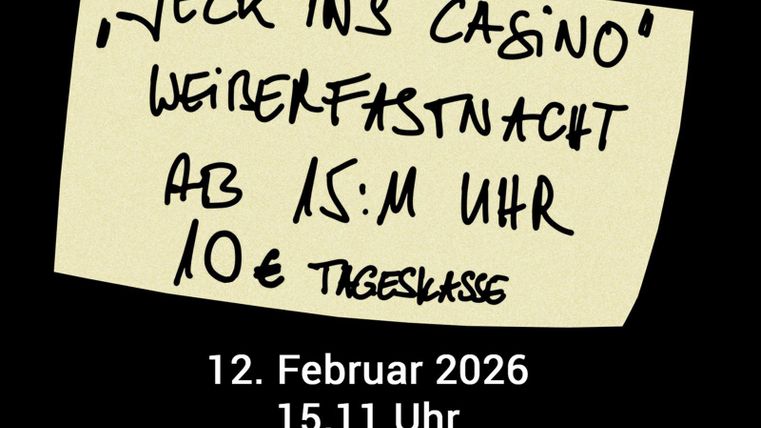 Ein handgeschriebener Zettel mit Informationen zu einer Veranstaltung im Casino, die am 12. Februar 2026 um 15:11 Uhr stattfindet. Der Eintrittspreis beträgt 10 € und es gibt keinen Vorverkauf.