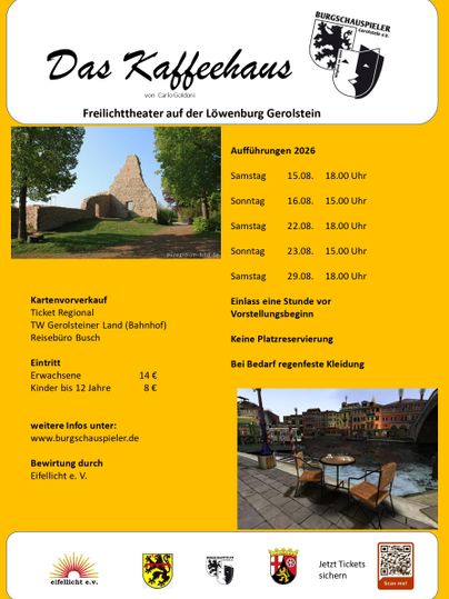 A poster for the open-air theater "The Coffee House" at Löwenburg in Gerolstein. It contains information about performances, ticket sales, and admission prices.