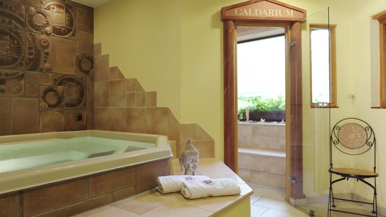 Ein elegantes Badezimmer mit einem Whirlpool und warmen, neutralen Farben. Der Raum bietet einen einladenden Blick nach draußen auf die grüne Landschaft.