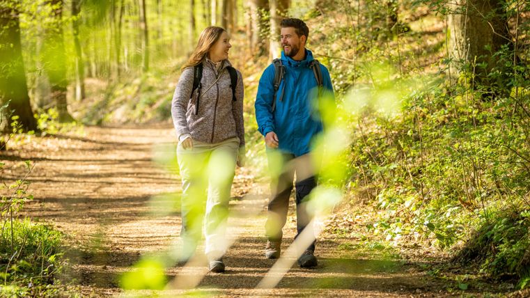 Ein Paar geht entspannt einen Waldweg entlang. Die Sonne scheint und umgibt die Szenerie mit einem warmen Licht.