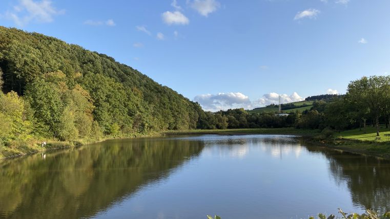 Uitzicht van boven op het Wijfthoeve-meer.