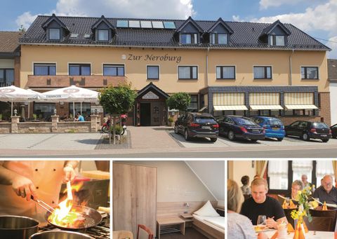 An inviting restaurant with a cozy terrace and a modern atmosphere. The image also shows culinary delights and satisfied guests.