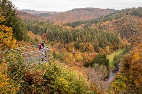 Zwei Personen auf einer Aussichtsplattform mit Blick auf ein herbstliches Tal.