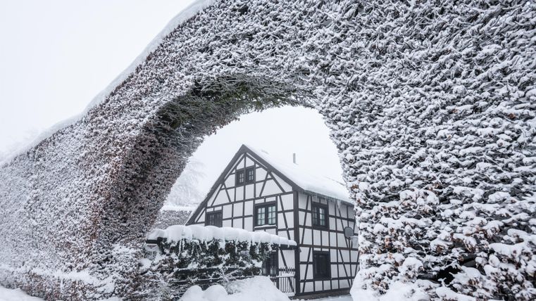 Ein schneebedecktes Fachwerkhaus steht unter einem hohen, mit Schnee bedeckten Heckenbogen. Die winterliche Landschaft wirkt ruhig und malerisch.