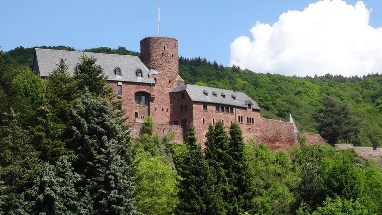 Eine beeindruckende Burg auf einem grünen Hügel, umgeben von Bäumen. Der Himmel ist blau mit einigen Wolken.