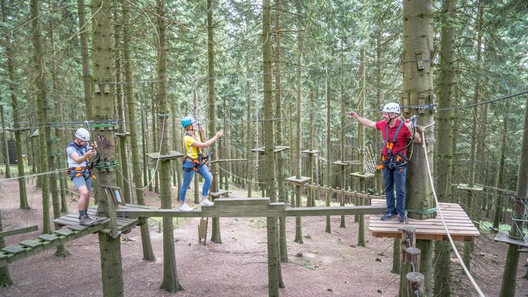 Drei Personen in einem Kletterpark zwischen Bäumen. Sie tragen Sicherheitshelme und Geschirr, während sie auf Holzplattformen stehen.