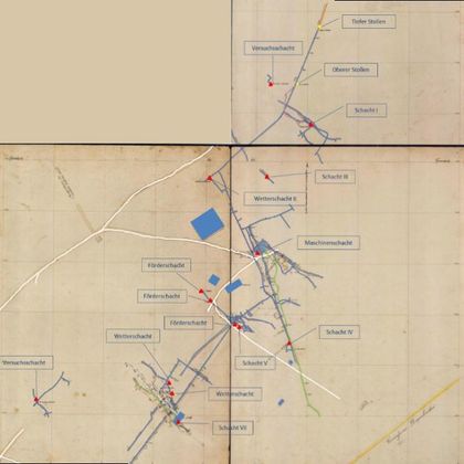 A historical map with various marked locations and labels. The map shows roads and points that may represent significant places.