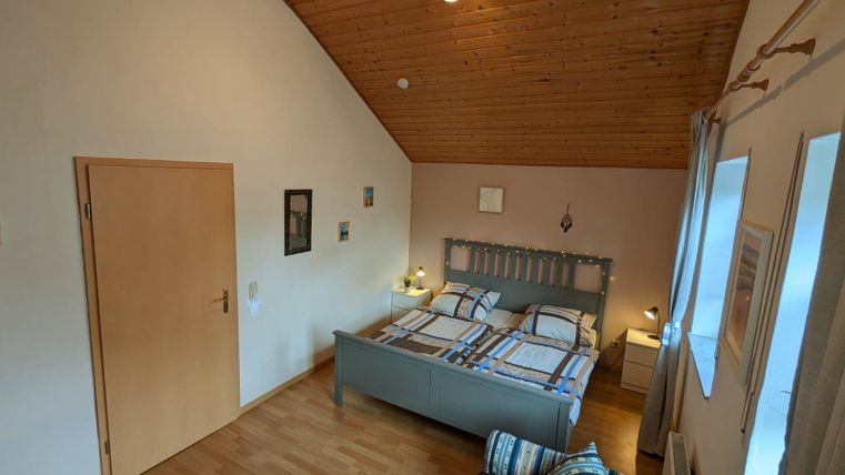 A cozy bedroom with a wood stove and a double bed. The room is bright, furnished with a wooden ceiling and modern furniture.