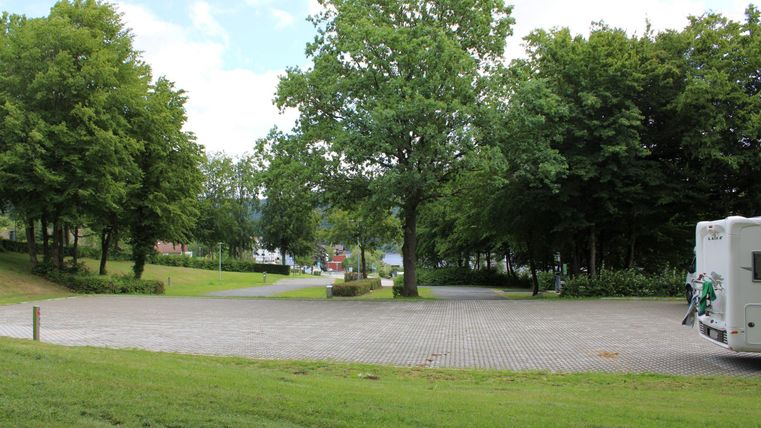 A quiet spot with green grass and large trees. A motorhome is set in a sheltered environment.