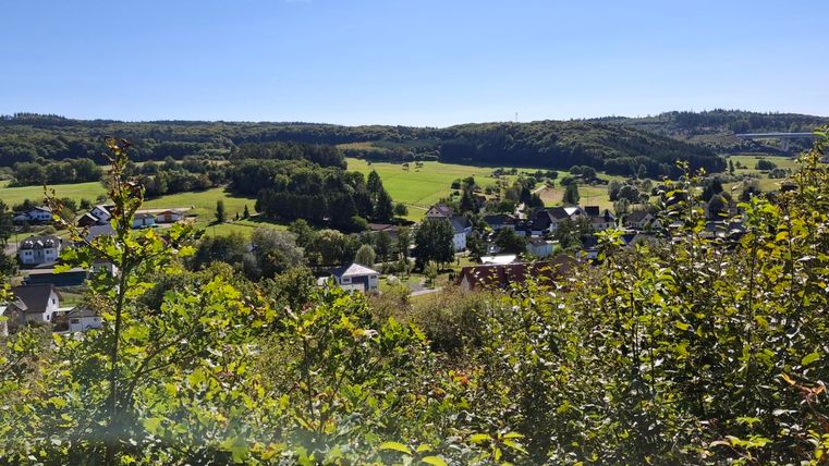 Eine idyllische Landschaft mit einem kleinen Dorf in der Mitte. Umgeben von grünen Feldern und sanften Hügeln unter einem klaren blauen Himmel.