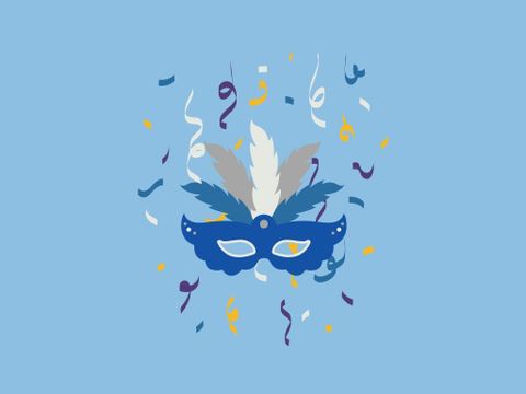 Eine blaue Maske mit bunten Federn und Konfetti darauf. Der Hintergrund ist hellblau und vermittelt eine festliche Stimmung.
