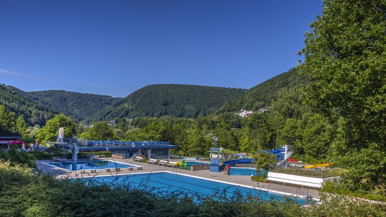 Een zwembad te midden van groene natuur en bergen. De heldere lucht en de blauwe waterbassins creëren een ontspannen sfeer.