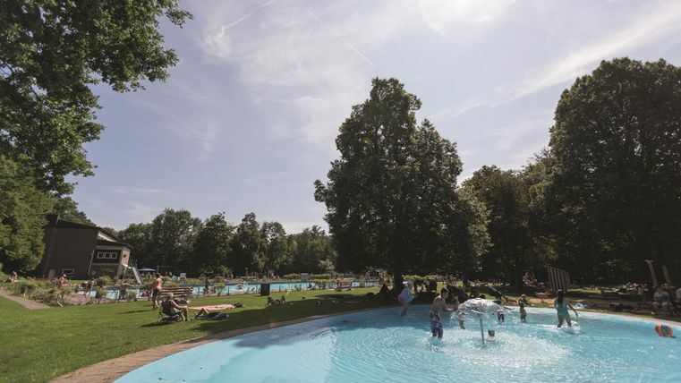 Ein schöner Schwimmbereich mit Bäumen und vielen Besuchern. Der Himmel ist klar und die Sonne scheint.