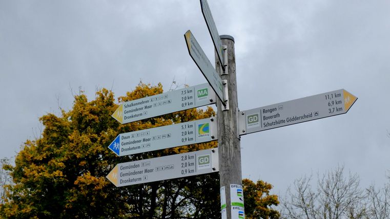 A signpost with various direction indicators and distances. Trees are visible in the background.