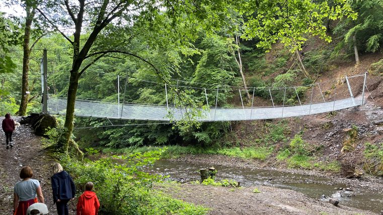 Een hangbrug leidt over een kleine rivier, omringd door groene bomen. Wandelaars lopen op een pad langs de oever.