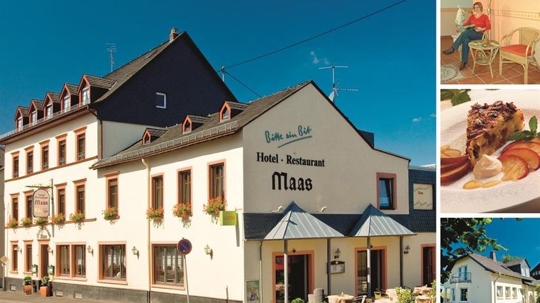 Een uitnodigend hotel met restaurant, omgeven door prachtige natuur. De gevel toont een vriendelijk gezicht en nodigt uit om te verblijven.