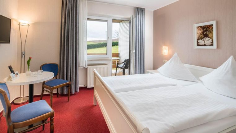 A cozy room with a double bed and two pillows. There are a few chairs at the table, and through the window, you can see a green landscape.