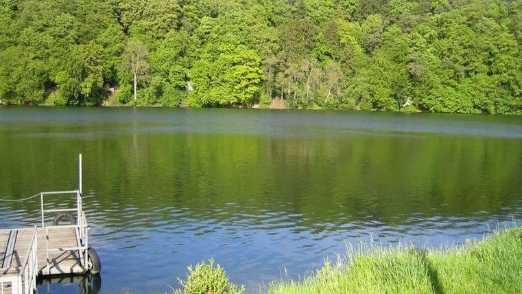 Een kalme vijver omringd door weelderig groen en bomen. Een klein stekje leidt recht naar het water.