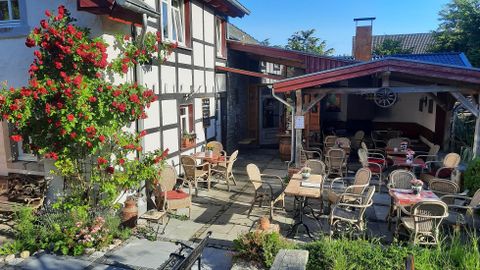 An inviting outdoor area of a restaurant with tables and chairs. Surrounded by green plants and a flowering type of shrub.