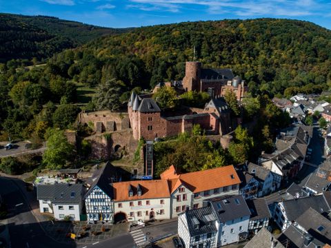 Eine malerische Landschaft mit einer alten Burg auf einem Hügel und charmanten Häusern im Vordergrund. Die Umgebung ist von grünen Wäldern und einem blauen Himmel geprägt.