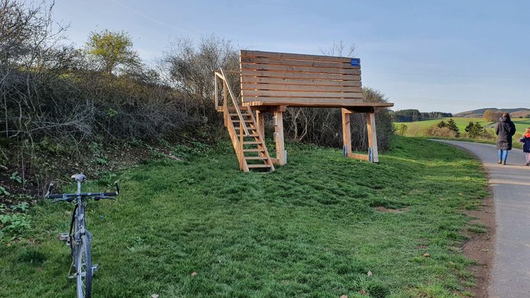 A wooden platform with stairs stands on a meadow next to a bike path. In the background, a walker can be seen.