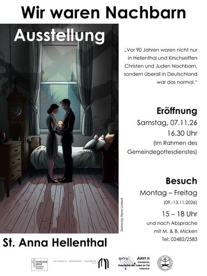 Eine Einladung zur Ausstellung mit dem Titel "Wir waren Nachbarn". Die Grafik zeigt ein paar in einem Zimmer, das an die jüdisch-christlichen Nachbarschaften von früher erinnert.