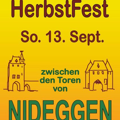 Een kleurrijk poster voor het herfstfestival in Nideggen. Het vindt plaats op zondag 13 september, tussen de poorten van Nideggen.