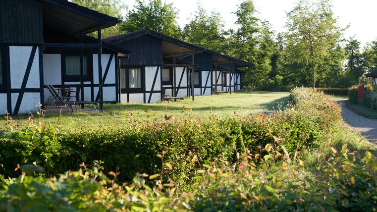 Eine Reihe von Ferienhäusern in einer grünen Umgebung. Der Himmel ist klar und die Natur ist ruhig und einladend.