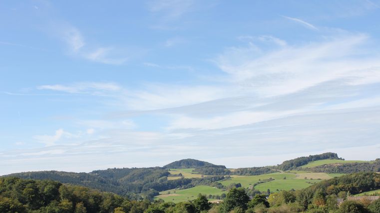 Een schilderachtig landschap met zachte heuvels en bossen. De lucht is helder en blauw, ideaal voor een ontspannen dag in de natuur.