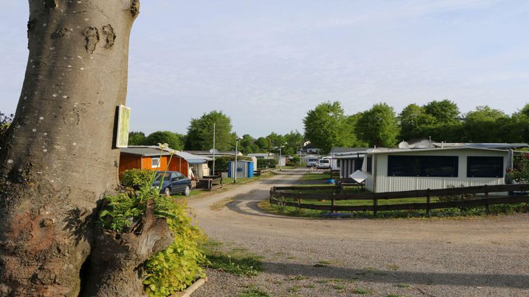 Ein ruhiger Campingplatz mit mehreren Mobilheimen und einem Kiesweg. Umgeben von Bäumen und Grünflächen.
