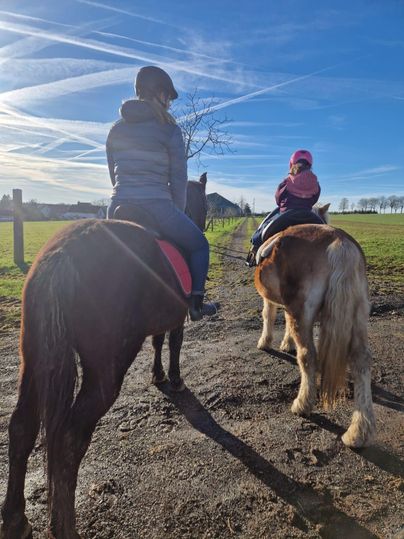 A woman and a child are riding on ponies along a field path. The sky is clear and the sun is shining.