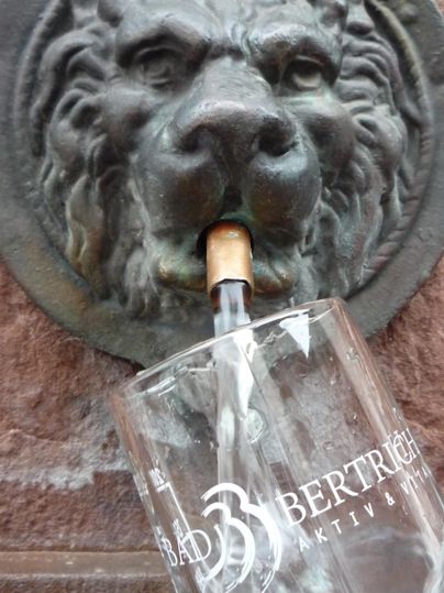 A striking lion's head made of metal, from whose mouth water flows. In front of the lion's head stands a glass with the inscription "Bad Bertrich".