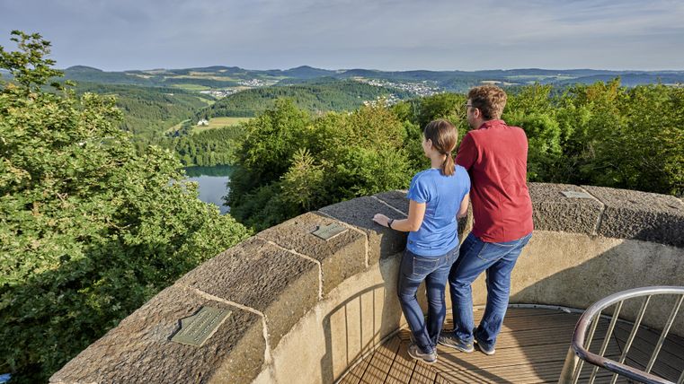 Ein Paar steht auf einem Aussichtsturm und blickt auf eine grüne Landschaft mit Hügeln und einem See. Der Himmel ist klar und die Umgebung ist von Bäumen umgeben.