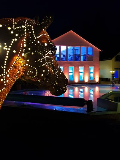 Ein beleuchtetes Pferd aus Lichtern steht im Vordergrund. Im Hintergrund sieht man ein Gebäude mit großen Fenstern und einem beleuchteten Pool.