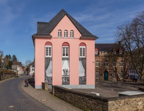 A pink building with images of curtains and people on the facade. In the background, more historical buildings and trees can be seen.