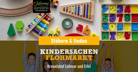 Ein bunter Flohmarkt für Kindersachen mit Spielzeug und Lernmaterialien. Fröhliche Kinder heben die Hände und zeigen Begeisterung.